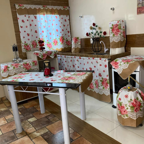KIT JOGO DE COZINHA 8 PÇS C/ CORTINA PIA E JANELA ESTAMPADO