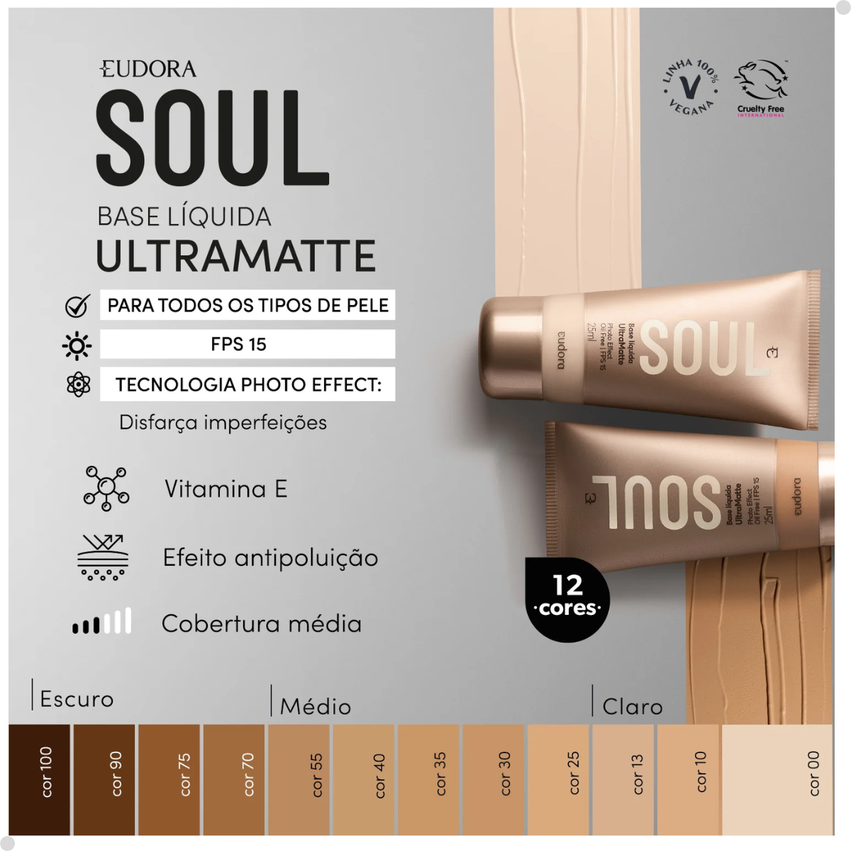 BASE LÍQUIDA SOUL ULTRA MATTE COR 25 25ML + ESPONJA NIINA
