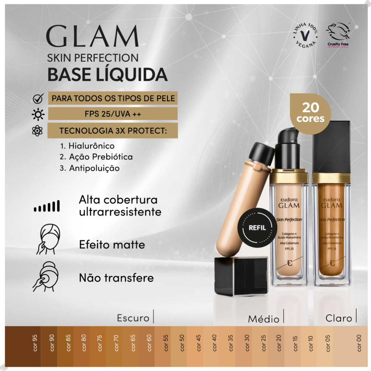 REFIL BASE LÍQUIDA GLAM SKIN PERFECTION 30ML - ESCOLHA A COR