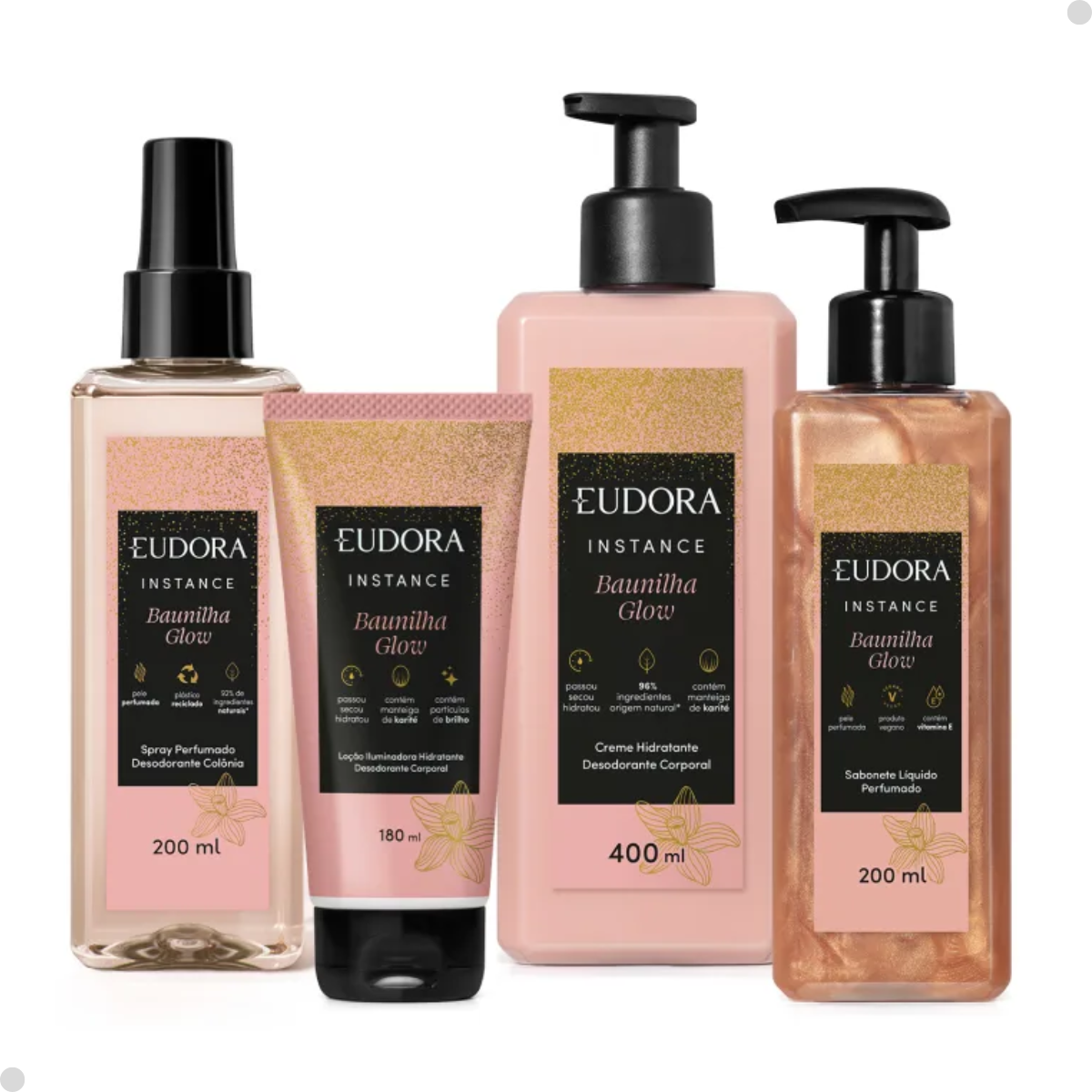 Combo Instance Baunilha Glow: Sabonete Líquido 200ml + Loção Iluminadora 180ml + Sacola Eudora