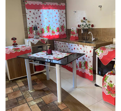 KIT JOGO DE COZINHA 8 PÇS C/ CORTINA PIA E JANELA ESTAMPADO