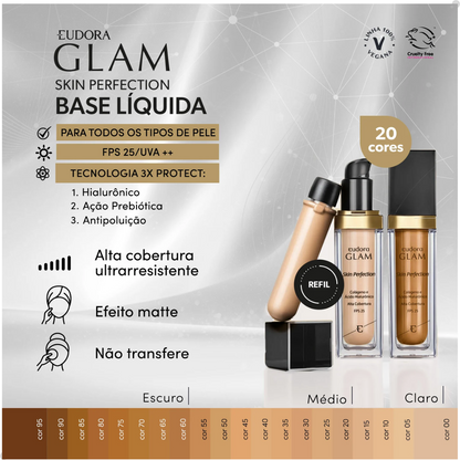 BASE LÍQUIDA GLAM SKIN PERFECTION COR 00 + ESPONJA NINNA