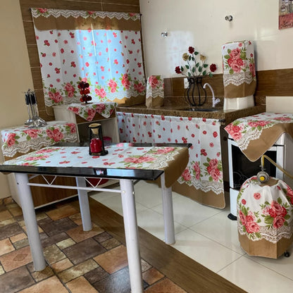 KIT JOGO DE COZINHA 8 PÇS C/ CORTINA PIA E JANELA ESTAMPADO