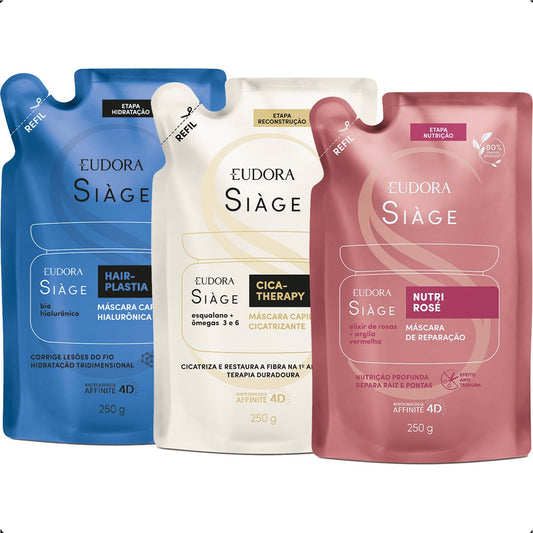 COMBO SIÀGE CRONOGRAMA CAPILAR MÁSCARAS REFIL: HAIR PLASTIA  + NUTRI ROSÉ  + CICA THERAPY