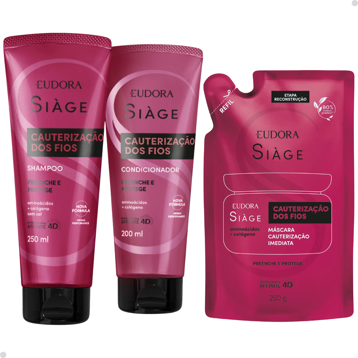 KIT CAUTERIZAÇÃO DOS FIOS: SHAMPOO + COND + REFIL MASCARA