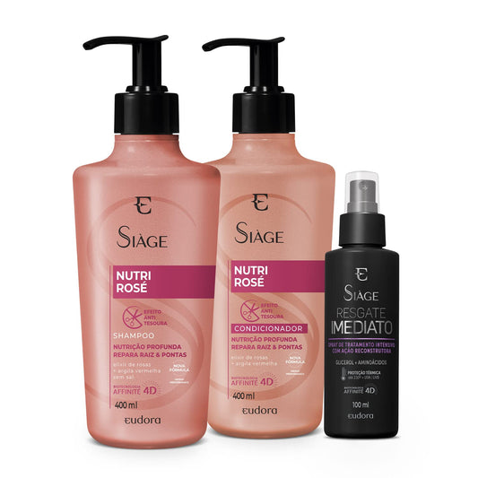 Eudora Kit Siáge: Shampoo Nutri Rosé 400ml + Condicionador Nutri Rosé 400ml + Leave-in Resgate Imediato 100ml