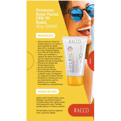 PROTETOR SOLAR FACIAL FPS 70 SOLEIL RACCO