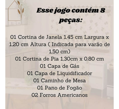 KIT JOGO DE COZINHA 8 PÇS C/ CORTINA PIA E JANELA ESTAMPADO