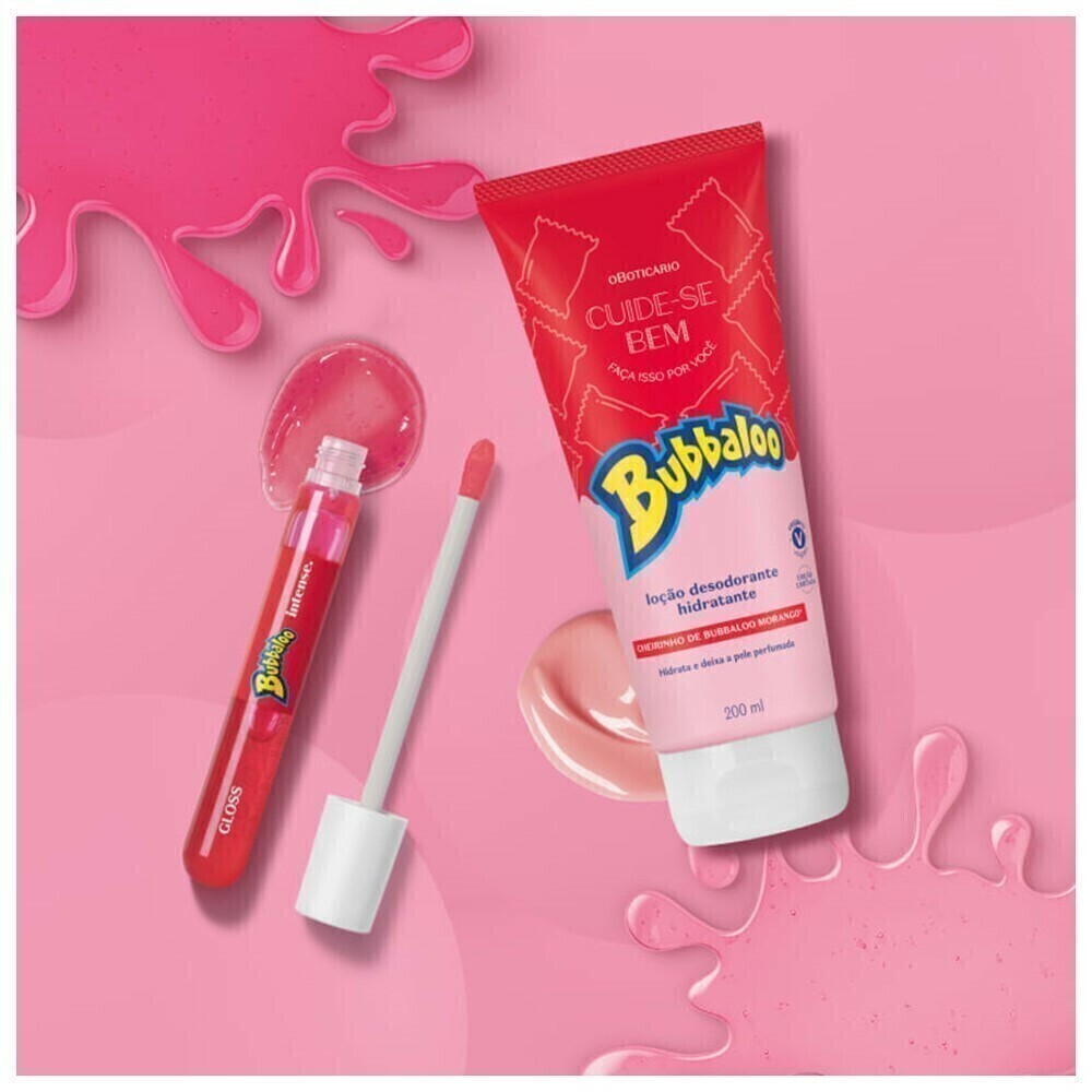 COMBO BUBBALOO MORANGO: GLOSS 5ML + LOÇÃO CORPORAL 200ML